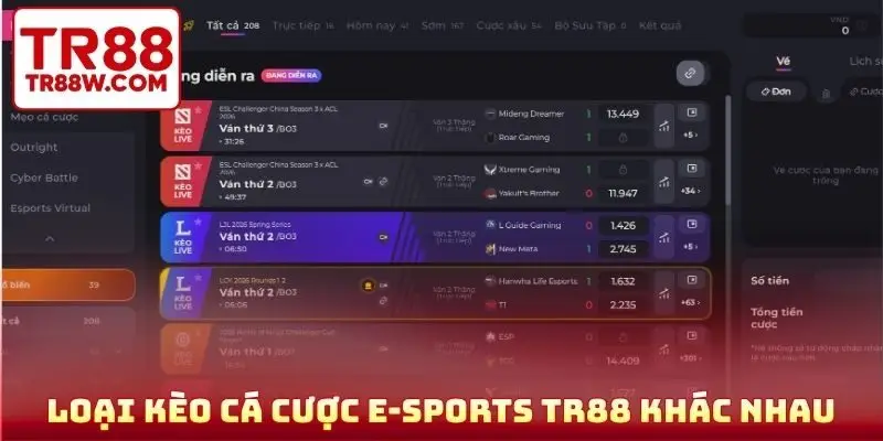 Loại kèo cá cược E-sports TR88 khác nhau